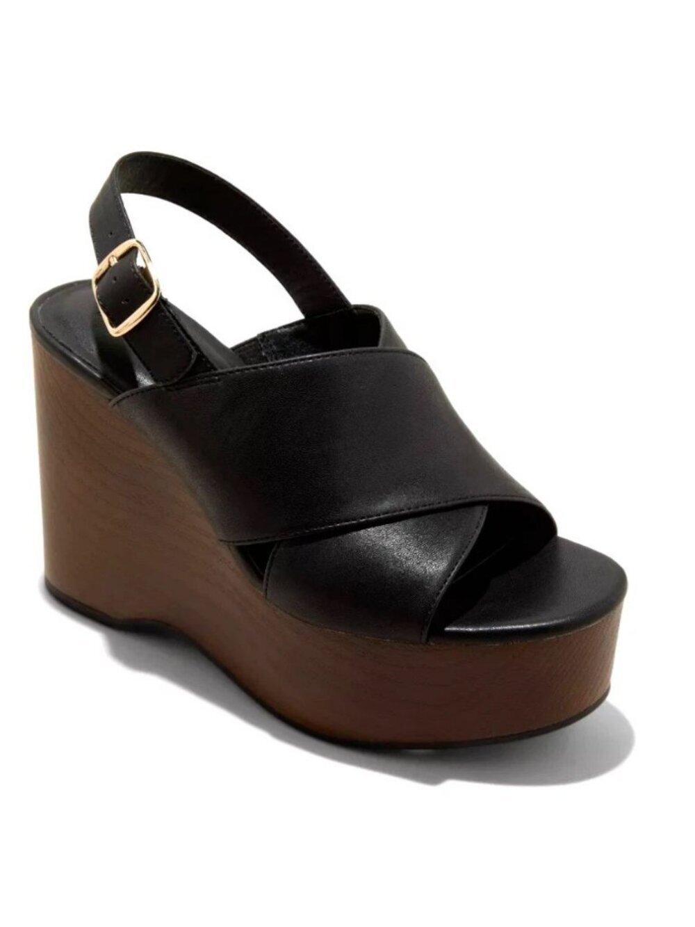 Universal Thread Black Leather Platform Wedge Sandals with Brown Wood-Look Sole